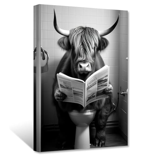 ZXHYWYM Lustige Schwarz Weiß Badezimmerdekoration Highland Kuh die auf der Toilette sitzt und Zeitungsbilder liest niedliche Tier Leinwanddrucke Kuh in der Toilette (Bild-3, (40.00 x 60.00 cms)) von ZXHYWYM