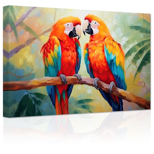ZXHYWYM Papageienpaar Leinwandbilder tropische Ara Vögel auf Zweig Bilddrucke buntes Tier romantisches Gemälde für Schlafzimmer Raumdekoration Gerahmt (Bild-3, (60.00 x 90.00 cms)) von ZXHYWYM
