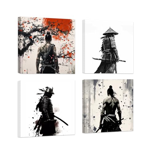 ZXHYWYM Samurai Leinwandbild 4 teilig japanische Wanddekoration Kriegerfigur Bild Bushido Poster japanischer gepanzerter Leinwanddruck mit Rahmen (A (30x30cmx4)) von ZXHYWYM