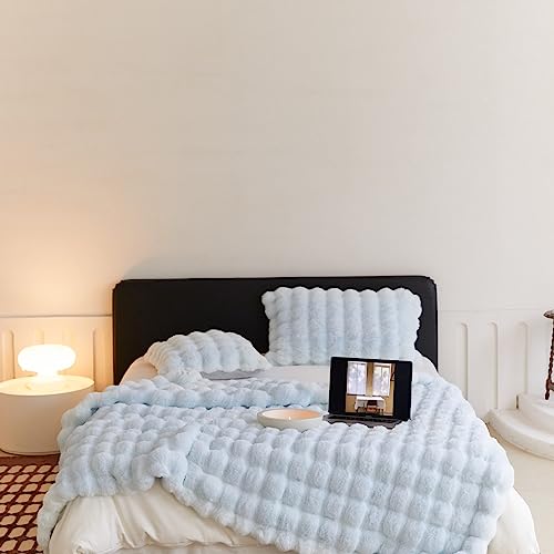ZYFAB Kunst Kaninchenfell Überwurfdecke, gerüscht elegant Decke weich wendebar gemütliche Decke flauschig Plüschdecke für Couch Bett Stuhl waschbar,Blau,130×160cm von ZYFAB