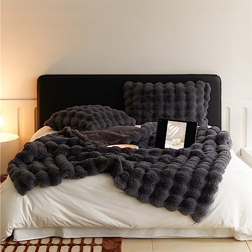 ZYFAB Kunst Kaninchenfell Überwurfdecke, gerüscht elegant Decke weich wendebar gemütliche Decke flauschig Plüschdecke für Couch Bett Stuhl waschbar,Grau,160×200cm von ZYFAB