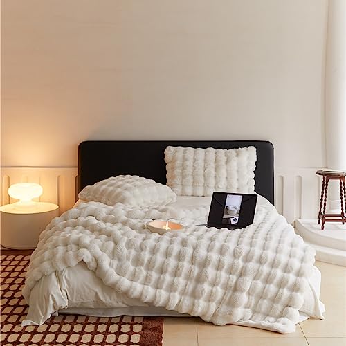 ZYFAB Kunst Kaninchenfell Überwurfdecke, gerüscht elegant Decke weich wendebar gemütliche Decke flauschig Plüschdecke für Couch Bett Stuhl waschbar,Weiß,160×200cm von ZYFAB