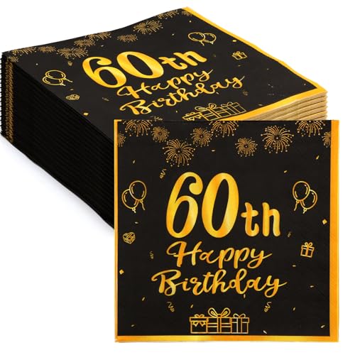 ZYNERY 60Stk 60 Geburtstags Deko Servietten, Schwarze Gold Happy Birthday Servietten 33cm x 33cm, 60er Geburtstag Männer Frauen Geburtstags Party Deko, Servietten 60 Geburtstag (60 Geburtstag) von ZYNERY