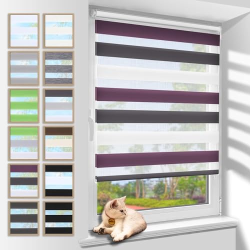 Doppelrollo 80x150cm(BxH) Weiß-Anthrazit-Lila,Rollos für Fenster Tür ohne Bohren,Klemmfix Duo Rollo lichtdurchlässig und Blickdicht,stark Sichtschutz und Sonnenschutz Fensterrollo innen von Zarnan