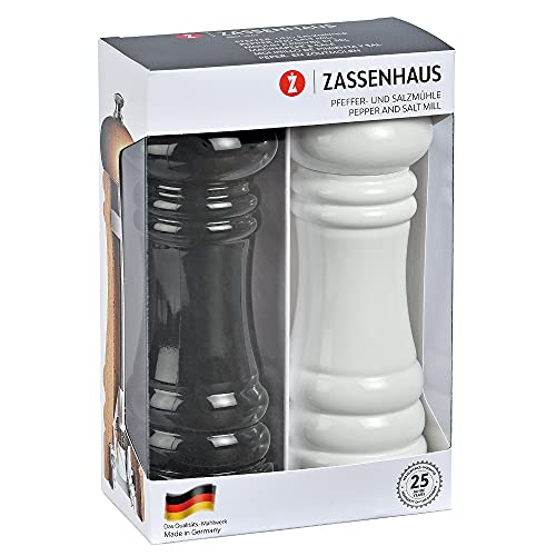Zassenhaus Mühlenset BERLIN Buchenholz | Geschenkset | Schwarz & Weiß | mit stufenlos verstellbarem Keramikmahlwerk | befüllte Gewürzmühlen | Ø 5,9 cm, H: 18 cm von Zassenhaus