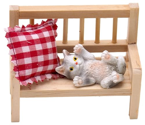 ZauberDeko Wichtel Zubehör Holzbank Kissen Katze liegend Puppenhaus Miniatur Set 3-teilig von ZauberDeko