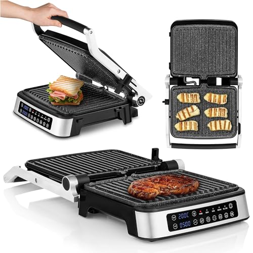 ZEEGMA Grill Chef Elektrischer Kontaktgrill und Sandwichtoaster 2100W, herausnehmbare Heizplatten, 2in1, 180 ° klappbar, ILAG-Antihaftbeschichtung, Tropfschale, akustische Benachrichtigungen (SILVER) von Zeegma