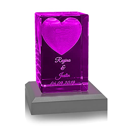 Zelaro 3D Herz Glas mit Wunschtext inkl. LED Leuchtsockel & Gravur | Valentinstagsgeschenk oder zum Jahresstag | Geschenkidee Personalisiertes Geschenk für Frauen und Männer (LED Sockel Silber) von Zelaro