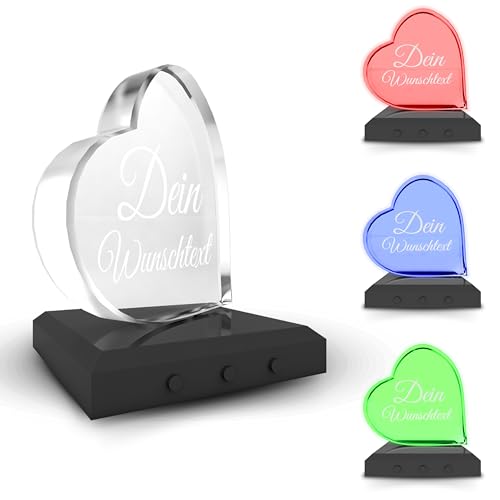 Zelaro Glasherz mit Gravur inkl. LED Sockel |personalisierte Geschenke für Frauen -perfektes Hochzeitsgeschenk [80x80x93mm] Geburtstagsgeschenk für Frauen (Schwarz) von Zelaro