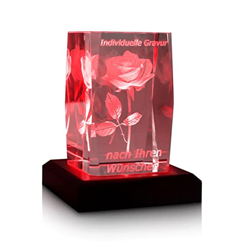 Zelaro Glaskristall 3D Rose - Personalisierte Geschenke für Frauen und Männer – Geschenkidee zum Valentinstag, Muttertag oder Jahrestag ideal für Freundin, Freund und Partner (LED Sockel in Schwarz) von Zelaro