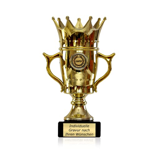 Goldener Pokal mit Gravur - Geschenk individuell personalisiert für Frauen und Männer - Siegerfigur mit Champion Emblem 22,5 cm hoch | mit Wunschtext | Kollegengeschenk (Krone) von Zelaro