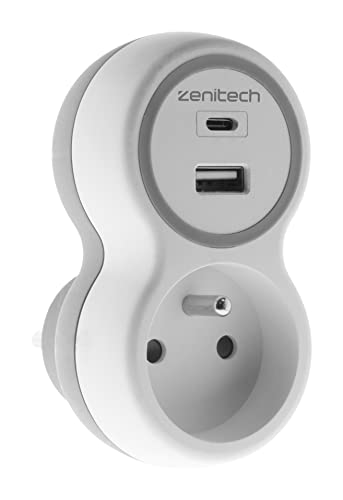 Steckdose 16 A und zwei USB-Ladegeräte A+C (weiß und grau) ZENITECH von Zenitech