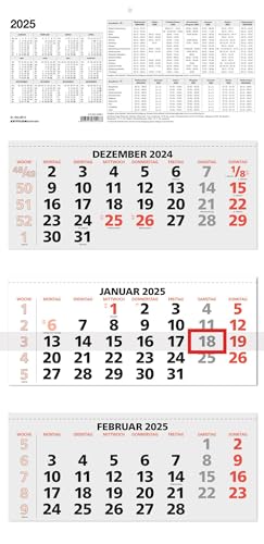 3-Monatskalender 2025 - 33,5x71 rot - mit Kopftafel - Datumsschieber - 5 sprachig - 3 Blöcke - 953-0011 von Zettler