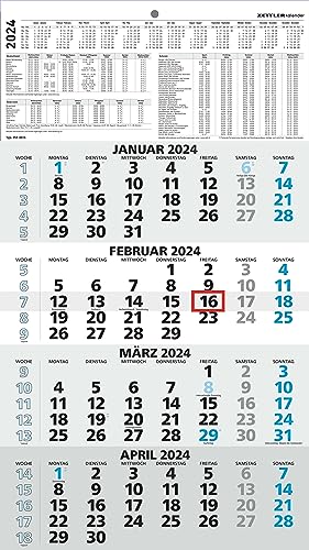 4-Monatskalender blau 2024 - 33x58,8 - mit Kopftafel - Datumsschieber - 959-0015-1 von Zettler