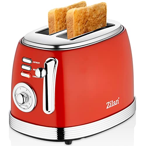 60er Jahre Retro Toaster 2 Scheiben Edelstahl | Toaster 2 Scheiben | Doppelschlitz Toaster | 6 Stufen | Indikatorleuchte | Toastautomat | Abschaltautomatik | Herausziehbare Krümelschublade von Zilan