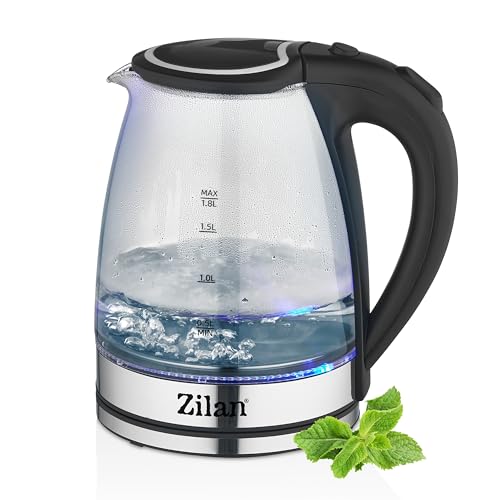 Edelstahl Wasserkocher Glas | 1800W | 1,8 Liter | Kalkfilter | BPA Frei | Blaue LED-Beleuchtung | 360 Grad | Kettle | Teekocher | Wasserkessel | Wasseraufbereiter | Water Cooker | Tea Kettle von Zilan