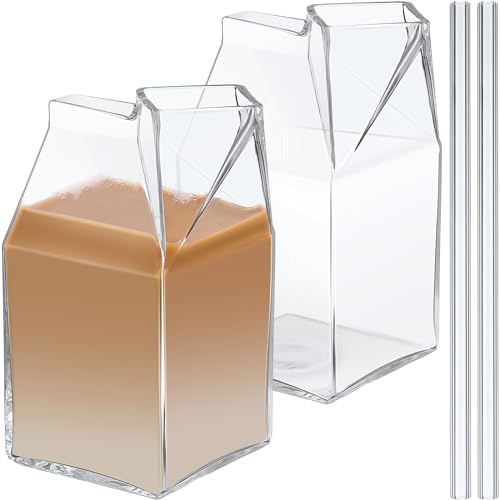 Ziliny Milchkarton-Kännchen aus Glas, 473 ml, mit 2 Glasstrohhalmen, transparent, ästhetische Tassen, niedlich, großer Milchbehälter, Kawaii-Gläser für Milch, Saft, Kaffee, Cocktail, kleines Geschenk von Ziliny