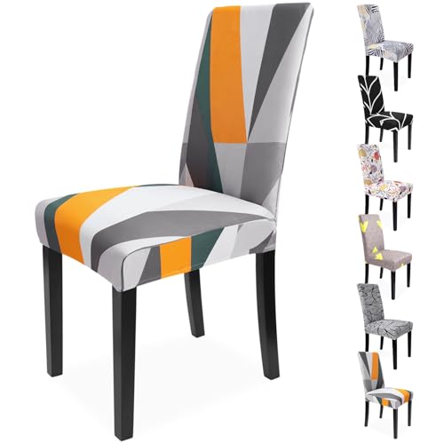Zindoo Stuhlhussen 6er Set Groß Stretch Stuhlbezug, Modernes Muster Geometrie Orange Weiß Abnehmbarer Waschbar Stuhl Hussen für Schlafzimmer, Wohnzimmer, Esszimmerstühle von Zindoo