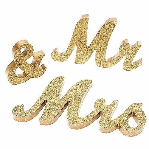 Zinsale Freistehende Mr & Mrs Holzschilder mit Glitter für Hochzeitsdekoration Tischdekoration (Gold) von Zinsale
