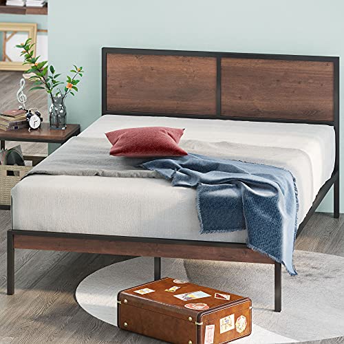 Zinus Mory Bett 90x200 cm - Höhe 30 cm - Metall und Holz Plattform Bettgestell mit geteiltem Kopfteil und Holzlattenrost - Braun von Zinus