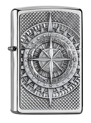 ZIPPO –– Kompassmotiv – Chrome Brushed – Emblem Attached – Sturmfeuerzeug, nachfüllbar, in hochwertiger Geschenkbox von Zippo