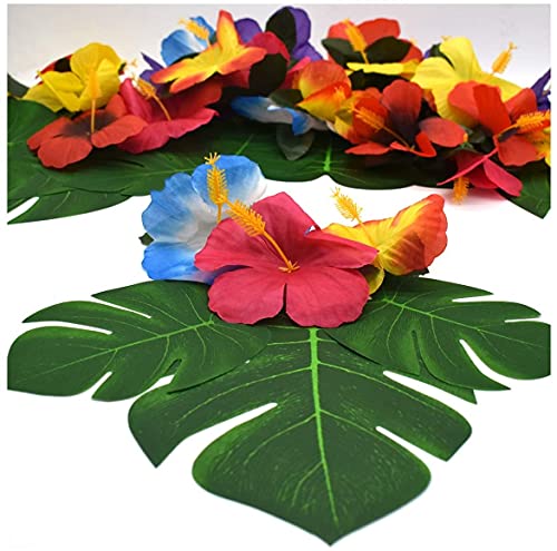 Tropische Partydekoration, 24 Tropische Palmblätter + 24 künstliche Blumen, 15,2 cm (6 Zoll), Monsterablätter, mit Stiel, Hibiskusblüten, Hawaiianisch, für Tischdekorationen von Ziranee