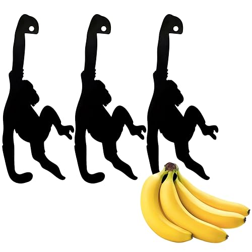 Zliger 3 Pcs Bananenhalter Affe für Bananen, Obst BananenstäNder Bananenhalter Affe Bananenhaken Schwarzer Bananenhalter Schaukel Banane Obsthalter Witzige Affe Tierhaken für Bananen von Zliger
