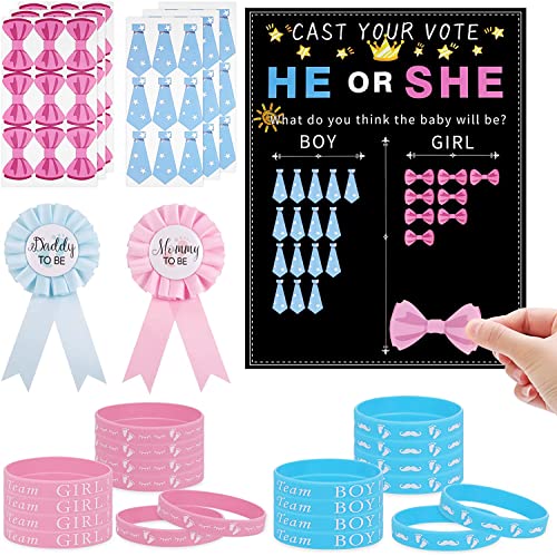 Zocipro 77 Pcs Gender Reveal Party Deko Geschlecht Verkünden 1 STK Abstimmung Poster 50 Pcs Stickers 20 Pcs Team Girl or Boy Armbänder Spiele Mitgebsel für Enthüllung Party Baby Shower Babyparty von Zocipro