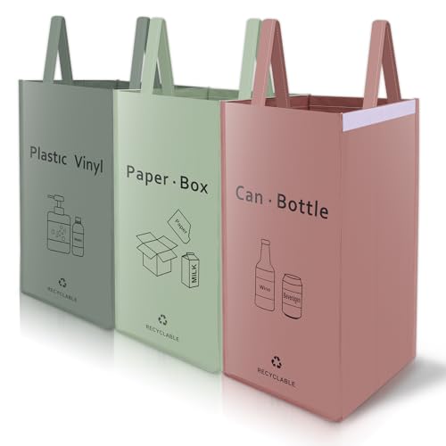 Zocipro 3er-Pack Recycling System Taschen-Mülltrennsystem, für Papiermüll Aufbewahrung, Plastik und Glas Pfandflaschen Aufbewahrung,60*30*30CM Recycling Tasche mit Griff für Altpapier Aufbewahrung von Zocipro