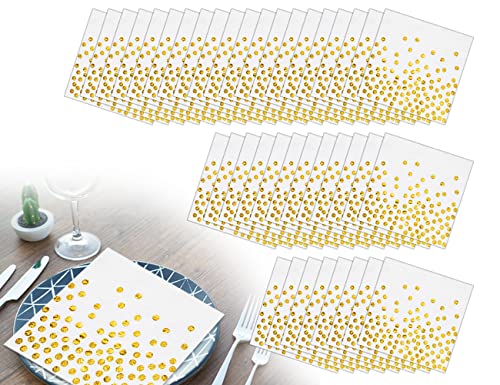 ZoeTekway 40er Pack Papierservietten Weiß Gold Dots Golden folierte Papierservietten Papierservietten 33x33 cm für Geburtstag, Hochzeit, Abendessen und Partydekoration von ZoeTekway
