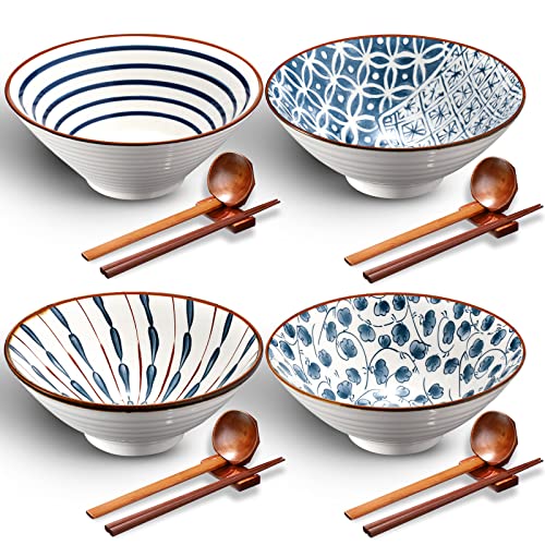 Keramik-Ramenschüssel-Set mit 4 japanischen großen Ramenschalen mit Essstäbchen und Löffeln und Regalen, Keramik, Ramen, asiatische Suppenschüssel, Salat, Pasta von Zopeal