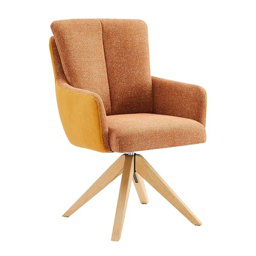 Zouron 1 x Moderner Sessel Armsessel Lehnsessel Polsterstuhl mit Eichenbeine, Schreibtischstuhl Drehstuhl ohne Rollen, Sitzfläche aus Leinen, 360° drehbar, Orange & Gelb von Zouron