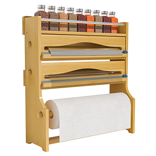 Folien-Kunststoff-Organizer-Spender – Wandmontierter Papierhandtuchhalter und Gewürzregal, 4-in-1 Bambus-Rollspender für die Küche, 30,5 cm Rollenspender mit Schneider von Zri Bamboo