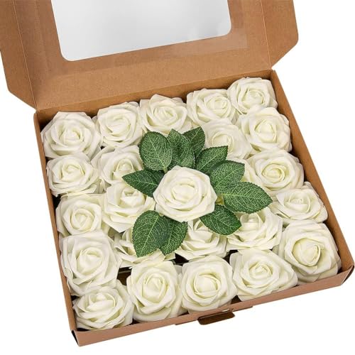 Zstar Künstliche Rosen Blumen, 25 Stück Kunstblumen Rosenköpfe und Blatt für DIY Hochzeit Blumensträuße/Zuhause Dekorationen, Milchig weiß von Zstar