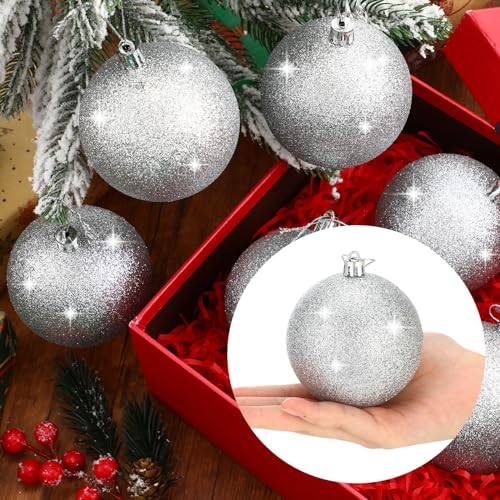 12 Stück Große Glitzer Schneeball Ornamente für Weihnachtsbaum Weihnachtsschmuck Kugeln Große Kunststoff Hängende Weihnachtsbaumkugeln für Weihnachten Hochzeit Party Dekorationen (Silber) von Zubebe