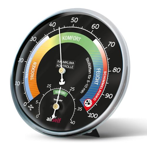 Thermohygrometer analog für innen – schwarzes Ziffernblatt mit farbigen Komfortzonen – Thermometer und Feuchtigkeitsmesser von airself