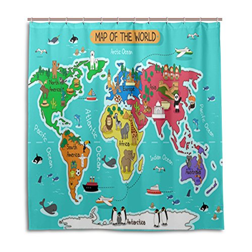 alaza Cute Animals Weltkarte für Kinder Duschvorhang 72 x 72 Inch, schimmelresistent und wasserdicht Polyester Dekoration Badezimmer-Vorhang von alaza