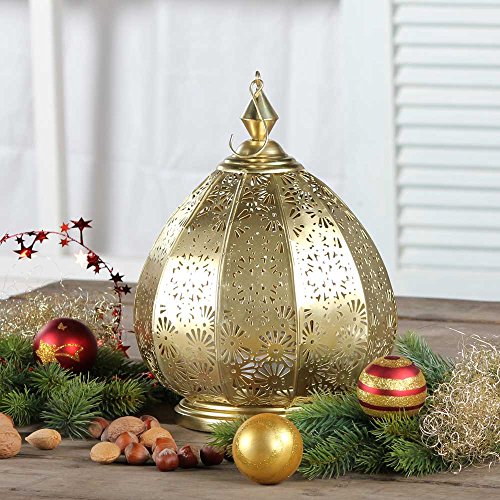 albena shop Orientalische Laterne aus Metall Saloni 31cm Gold innen Gold mit einzigartigem Schattenwurf, Windlicht Tischlaterne Marokkanische Art, Dekoration hängend oder stehend für Haus und Garten von albena shop