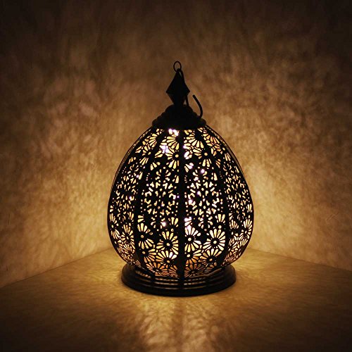 albena shop Orientalisches Windlicht Laterne SALONI schwarz innen Gold inkl. LED Lichterkette, Metall Tischlaterne Marokkanische Art, Ramadan Lichtdekoration schwarz innen Gold von albena shop