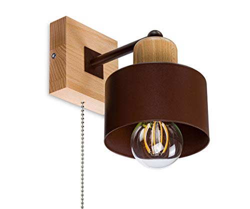 alfalux Wandleuchte Innen Wandlampe Mit Schnur-Zugschalter LED Lampe Aus Holz Für Wohnzimmer Schlafzimmer Kinderzimmer Treppenhaus Wandlampen Wandleuchten SHWAND-BR10x10BU Braun von alfalux