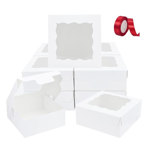 alouweekuky 10 Stück Tortenbox, 25 * 25 * 13cm Einweg-Tortenkarton mit PVC Sichtfenster, Torten Karton Box Transportboxen mit Band Tortenschachtel für Backen Kekse Kuchen Hochzeit Partei BegüNstigt von alouweekuky