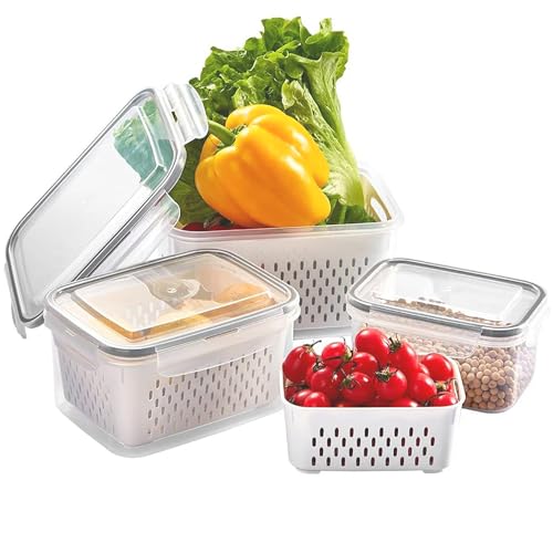 alouweekuky 3 Stück Frischhaltedosen Obst Gemüse Kühlschrank Organize Set, 3.3L+1.75L+0.85L Vorratsdosen mit Deckel mit Sieb BPA Frei Aufbewahrungsbox Küche von alouweekuky