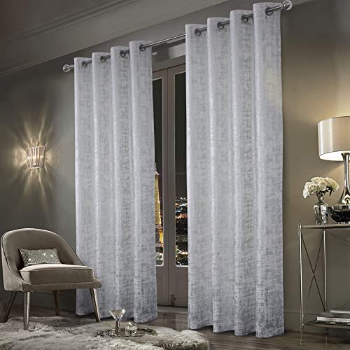 always4u Gardinen mit Muster Silber Blickdicht 100%, Samt Vorhang Wohnzimmer, Vorhang Verdunkelung Kurz mit ösen, Stoff Glänzend Eleganter, Weiß 2er Set 213x132cm von always4u