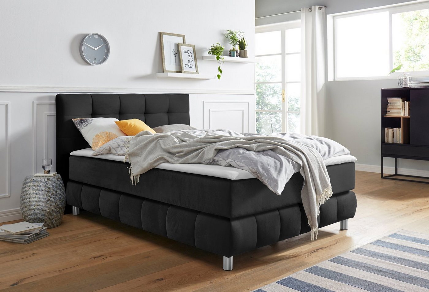 andas Boxspringbett Salo XXL, in Samtoptik oder Struktur, 6 Breiten in Überlänge 220cm, 4 Härtegrade von andas