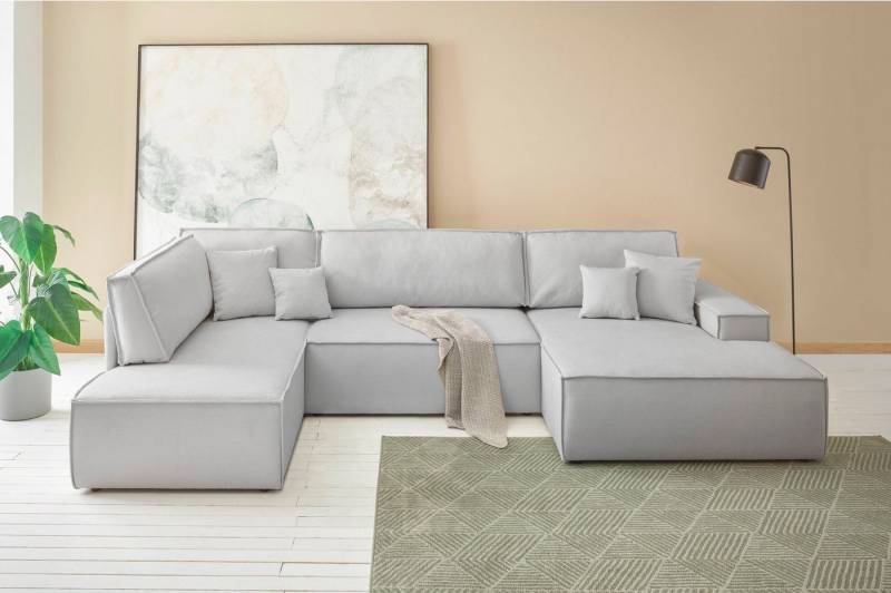 andas Wohnlandschaft FINNLEY U-Form XXL 329 cm, Schlafsofa, Schlaffunktion m. Bettkasten, (194/139 cm), Bouclé u. Struktur von andas