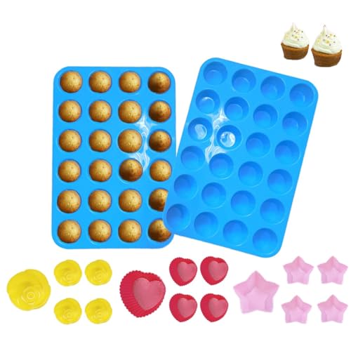 2 Stück Mini Muffinform Silikon für 24 Muffins,Antihaft Muffinblech,mit 5 Rose Muffinblech,5 Liebe Form Muffinblech,5 Sternform Muffinblech,für Cupcake,Brownies,Kuchen,Pudding,Pralinen,Muffins,Gelees von anneratteryer