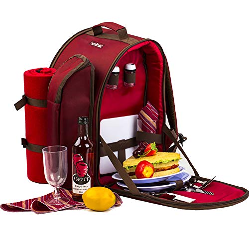 Apollowalker, roter Picknickrucksack für 2 Personen, Korb mit Kühltasche, inkl. Geschirr und Fleece-Decke von apollo walker