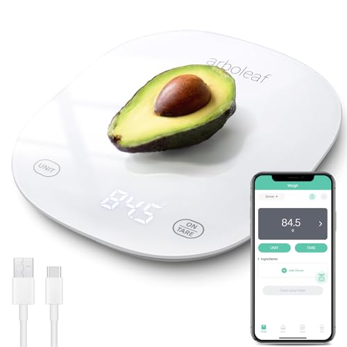 arboleaf Küchenwaage Digital mit App, Waage Küchenwaage Bluetooth mit Kalorienzähler, Küchenwaage USB aufladbar, 10kg/0,5g grammgenaue Haushaltswaage mit Sicherheitsglas und Tara Funktion (Weiß) von arboleaf