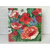 Vintage Keramikfliese Mit Mohnblumen | Rot, Blau, Weiß, Grün Wandkunst Und Anemonen von archipel32