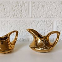 Vintage Paar Miniatur Milchkännchen Und Zuckerdose | Gold Mit Weißem Blumen Design von archipel32